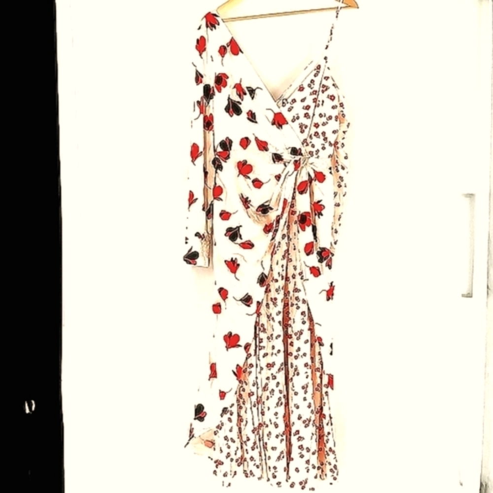 O.P.T. Red Floral Maxi Dress Cream Size S V-Neck